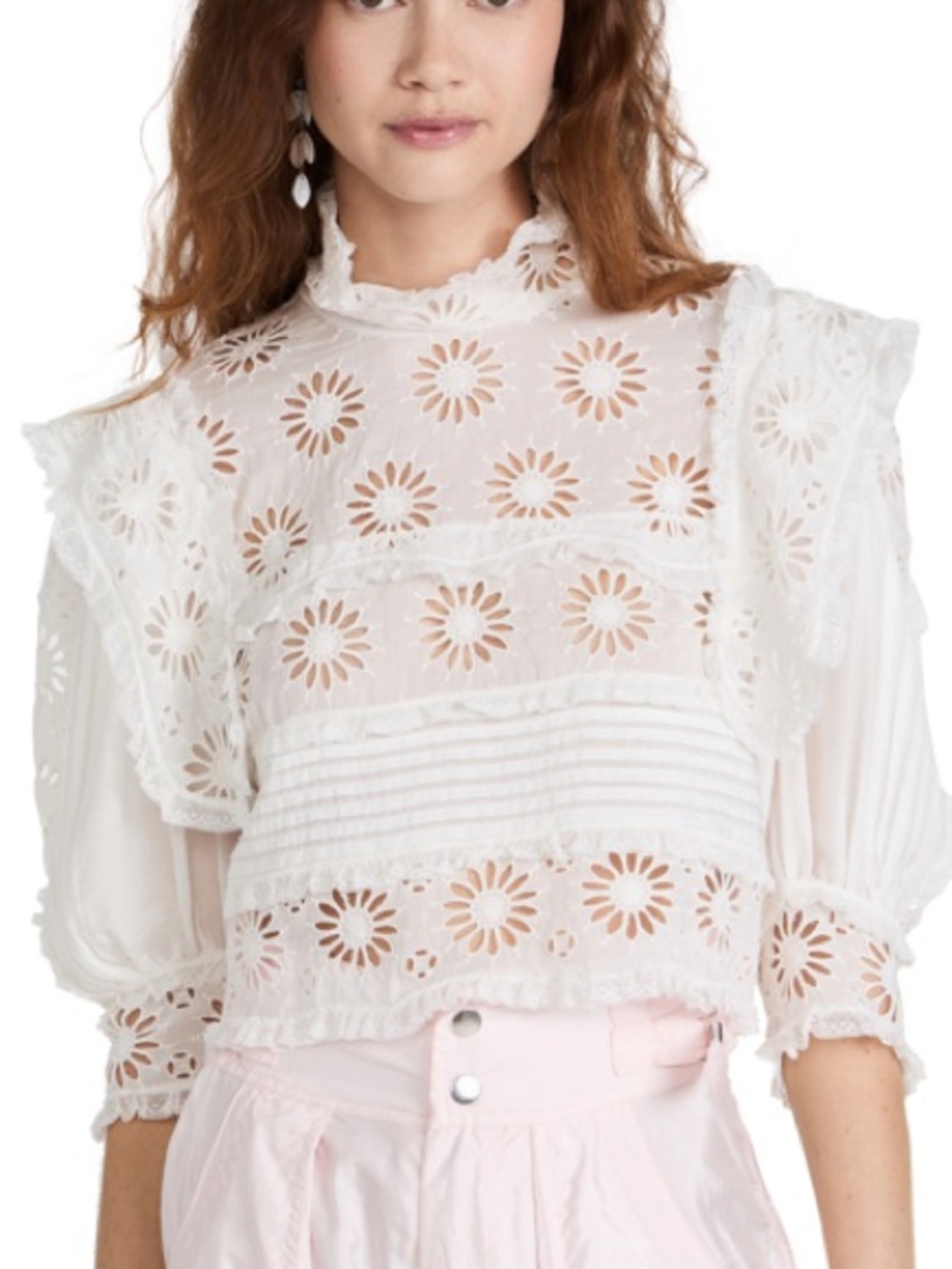 Isabel Marant Dayden Puff-Sleeve Eyelet Ruffle Crop Top